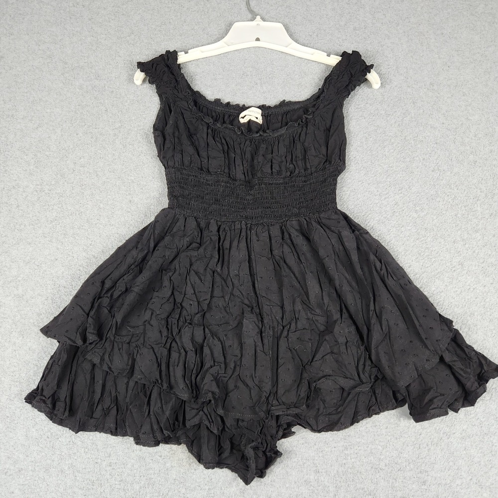 Urban Outfitters Romper Womens Small Black Swiss Dot Ruffle Boho Smocked Waist